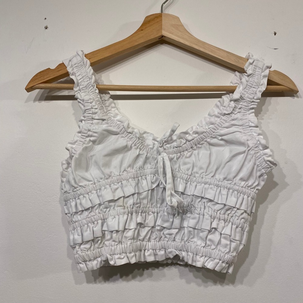 3 Brazilian Brand White Ruffle Smocked Cotton Coquette Crop Top V-Neck Size M